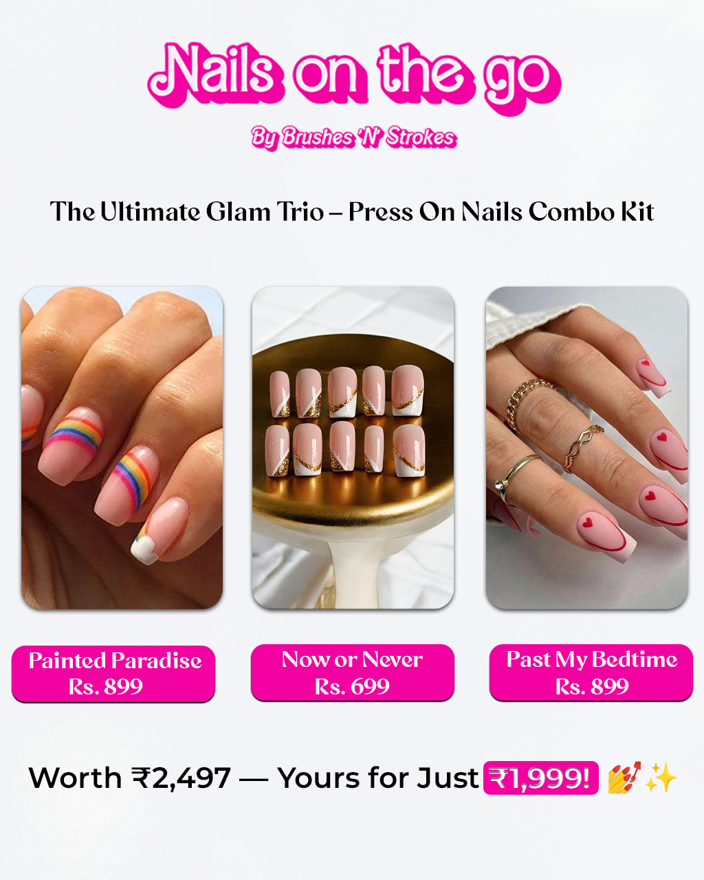 The Ultimate Glam Trio – Press On Nails Combo Kit