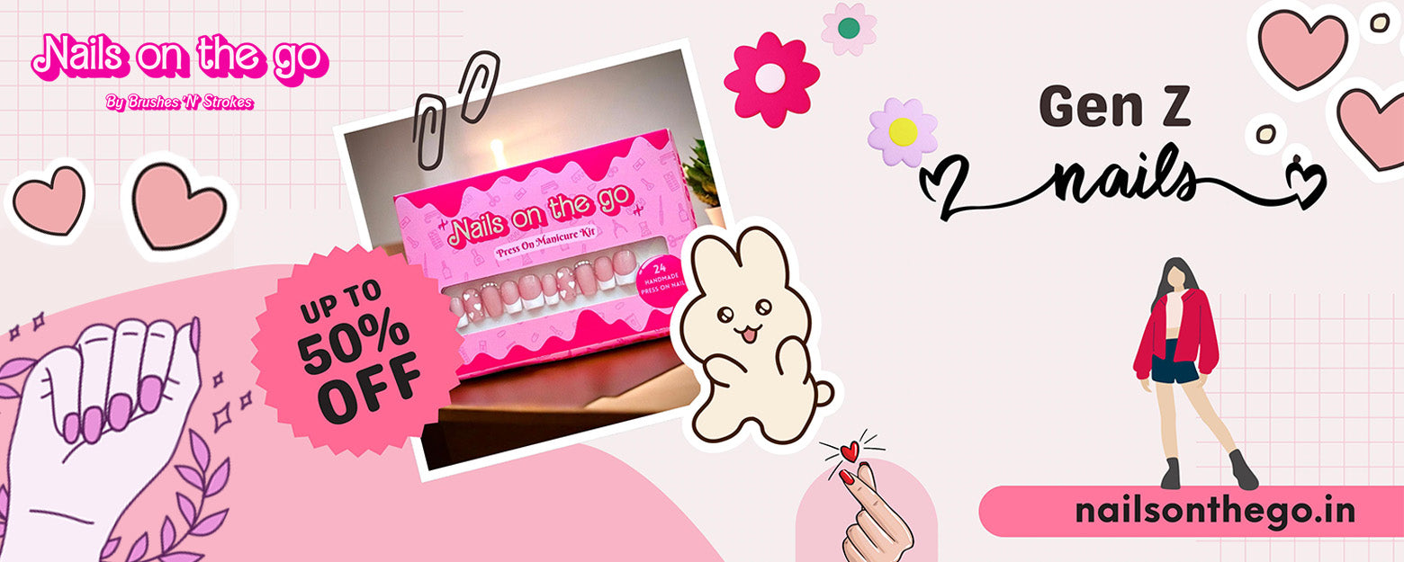 banner showing gen z press on manicure kit and nails on the go special offer which is upto 50% off on false nails kit