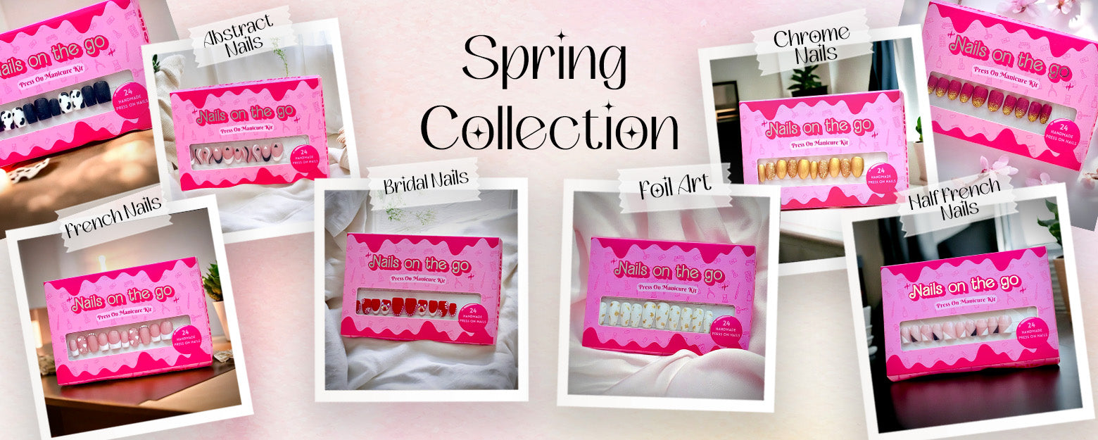 Spring collection of press-on nails and fake nail sets featuring trendy French tips, chrome finishes, foil accents, and playful seasonal designs.