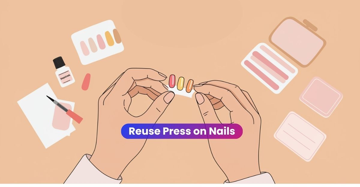 A graphic showing a girl hands who is trying to reuse press on nails extensions