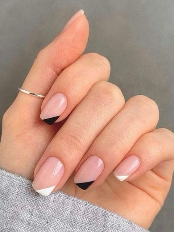 Black and white modern French manicure on natural nails – stylish press-on nail design for young womenBlack and white modern French manicure on natural nails – stylish press-on nail design for young women